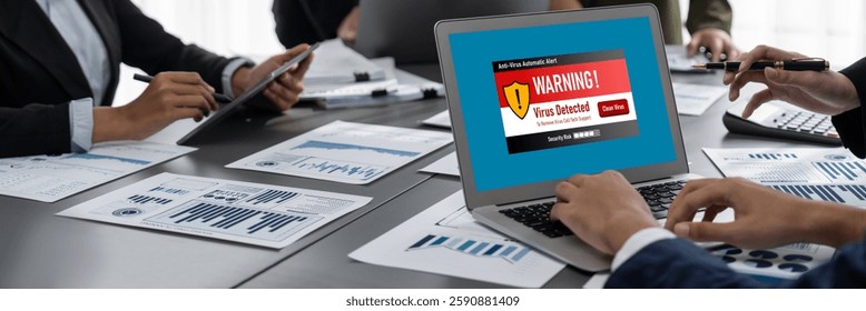 Virus warning alert on computer screen detected brisk cyber threat , hacker, computer virus and malware