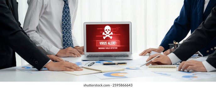 Virus warning alert on computer screen detected brisk cyber threat , hacker, computer virus and malware