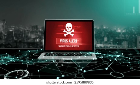 Virus warning alert on computer screen detected modish cyber threat , hacker, computer virus and malware