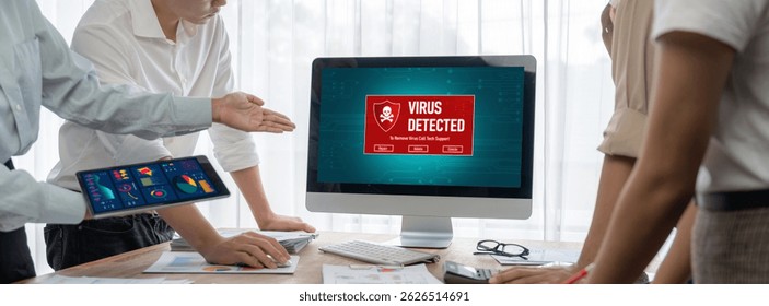 Virus warning alert on computer screen detected brisk cyber threat , hacker, computer virus and malware