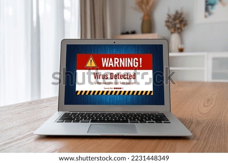 Virus warning alert on computer screen detected modish cyber threat , hacker, computer virus and malware