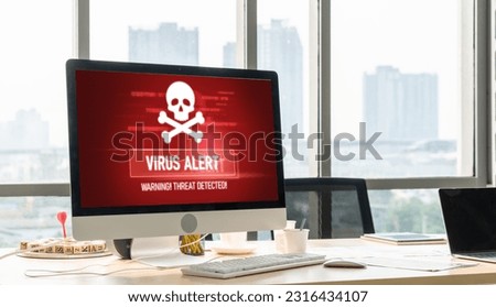 Virus warning alert on computer screen detected modish cyber threat , hacker, computer virus and malware