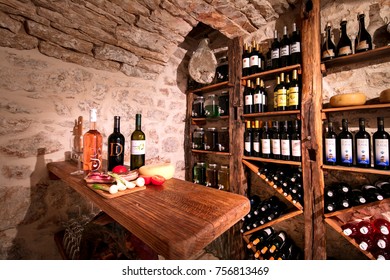 VIS / CROATIA - AUG 15, 2017: Old Wine Cellar Golub In Podselje, Vis Is Full Of Quality Wines And Other Home Made Produce