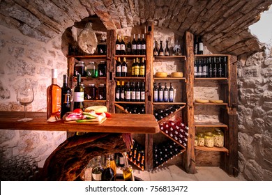 VIS  CROATIA - AUG 15, 2017: Old Wine Cellar Golub In Podselje, Vis Is Full Of Quality Wines And Other Home Made Produce