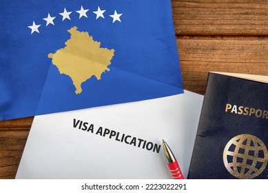 Visa application form, passport and flag of Kosovo  - Shutterstock ID 2223022291