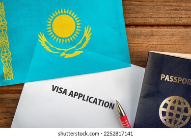Visa application form, passport and flag of Kazakhstan  - Shutterstock ID 2252817141