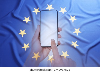 Visa application. Man using mobile phone, double exposure with flag of European Union
