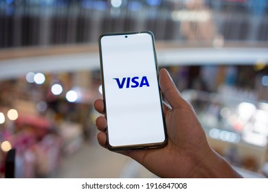 Visa Logo On Phone Bangkok, Thailand 24 January 2021