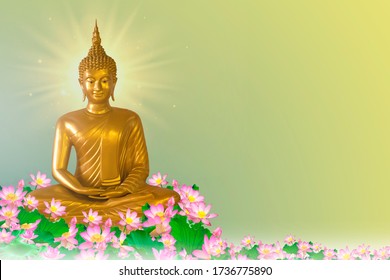 Visakha Puja Day , Buddha statue , bodhi leaf with double exposure and len flared , soft image and soft focus style,buddha in springtime. - Shutterstock ID 1736775890