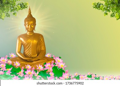 Visakha Puja Day , Buddha statue , bodhi leaf with double exposure and len flared , soft image and soft focus style,buddha in springtime. - Shutterstock ID 1736775902