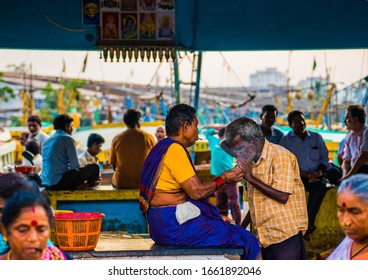 Visakhapatnam, India - 2019: Indian Mature Couple Smoking In Outdoors At Fishing Harbor. 