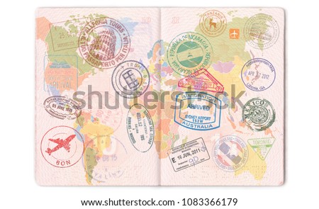 Visas, stamps, seals in the passport. World map, travel.