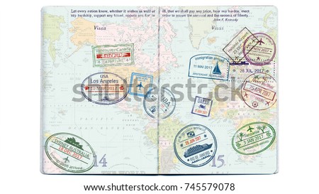 Visas, stamps, seals in the passport. World map, travel.