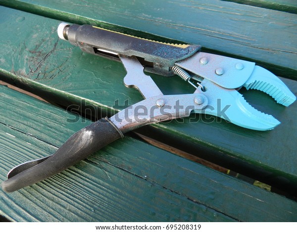 Vise grip pliers sprayed with blue color on green\
wooden table