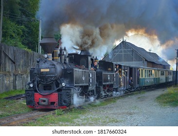 Viseu de Sus, Maramures / Romania - September 10 2020: Old steam train engine used now for tourists but in the past for forestry work transport