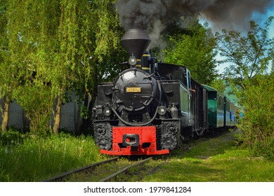 Viseu de Sus, Maramures, Romania: May 25 2021: Steam train build in Romania and used for timber transport 