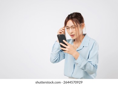 Vision blurred with screen use, problem woman holding glasses, vision loss and bad eyesight affect sight while looking at phone. eye disease isolated studio white background