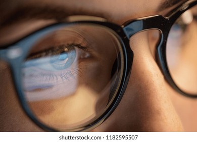 Vision, Business And Education Concept - Close Up Of Woman Eyes In Glasses Looking At Computer Screen