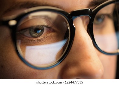 Vision, Business And Education Concept - Close Up Of Woman Eyes In Glasses Looking At Computer Screen