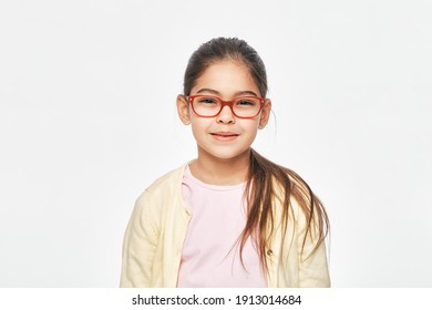 Vision Correction For Children. Latino Americano Child With Stylish Eyeglasses Isolated On Light Grey Background