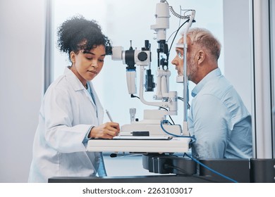 Vision, eye exam and writing with a doctor woman or optometrist testing the eyes of a man patient in a clinic. Hospital, medical or consulting with a female eyesight specialist and senior male - Powered by Shutterstock