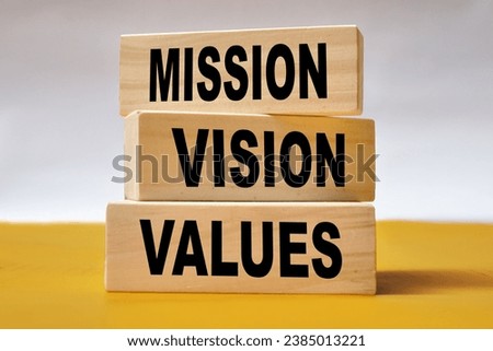 Vision Mission Values, quote text written on wooden block, business motivation inspiration concept