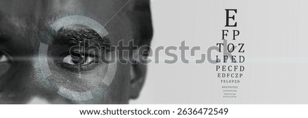 Vision test display with a close-up view of a person's eye and an eye chart in focus, highlighting importance of eye health