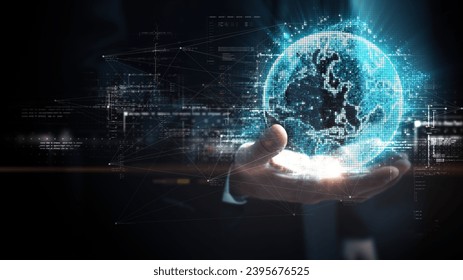 A visionary businessman extends his hand to a holographic globe, symbolizing cutting-edge global connectivity and the future of globalization. The holographic globe with digital data streams