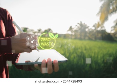 A visionary farmer explores a futuristic interface, harnessing the power of agricultural IoT to optimize crop yields, reduce waste, and ensure a sustainable future - Powered by Shutterstock - Get 15% off with code: PIKWIZARD15