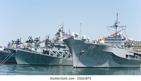 Visit Of US Navy 7th Fleet Flagship In The Russia Vladivostok Near The Russian Frigate