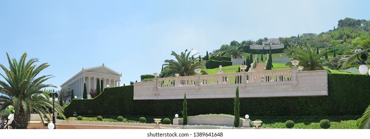 Visiting Green Bahai Gardens In Haifa On Sunny Day, Panoramic View