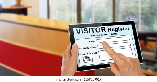 Visitor completing a sign in register form on computer tablet registration technology concept - Shutterstock ID 1559059019