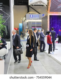Visitors to the forum in the aisles.
St. Petersburg, Russia - 3 October, 2017.
Participants and visitors of the annual St. Petersburg Gas Forum.