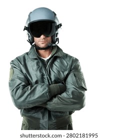 Visor, soldier and man in studio for pilot in airforce, tactical defense and military service. Crossed arms, confidence and person with helmet, mic and gear for army career on white background