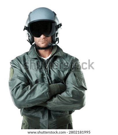 Visor, soldier and man in studio for pilot in airforce, tactical defense and military service. Crossed arms, confidence and person with helmet, mic and gear for army career on white background