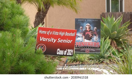 Vista, CA USA - August 20, 2021: Yard Signs Celebrate A 2021 High School Graduate, Since Normal Graduation Ceremony Was Limited By Covid Restrictions                               