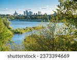The Vistula River with greenery on the causeway and the island, skyscapers in the city center in the distance, sunny afternoon