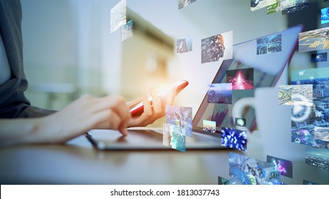 Visual contents concept. Social networking service. Streaming video. communication network. *Video version available in my portfolio. - Shutterstock ID 1813037743