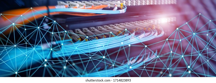 Visual Effect Connection network in servers data center room. Elongated horizontal background.