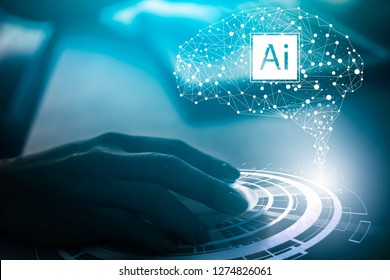 Visual effects. Future technology touch screen interface.Working with future technology called Ai (artificial intelligence) . Selective focus on the hand