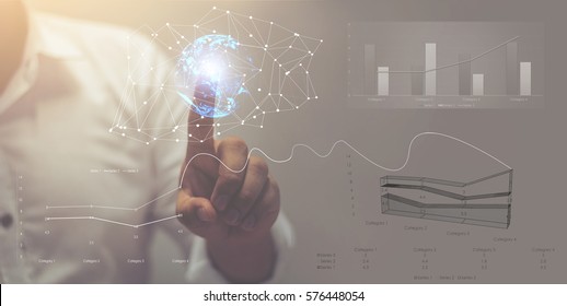 Visual Effects. Future Technology Touch Screen Interface. Handsome African American Businessman In Shirt Touching Screen Interface, Drawing A Chart In Futuristic Office. Selective Focus On The Hand