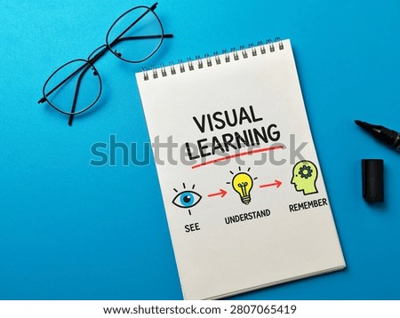 Visual Learning Concept on Notebook with See, Understand and Remember Steps, Icons and Eyeglasses on Blue Background Top View Education. 