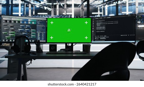 Visual programming systems on green screen PC in data center tracking infrastructure performance. Chroma key displays in server hub displaying node tree programming detecting equipment issues