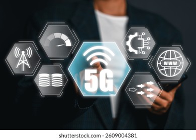 Visual representation of 5G technology with digital icons symbolizing connectivity, speed, and modern communication advancements.