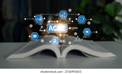 Visual representation of agile methodology featuring a book and illuminated icons that symbolize innovation, teamwork, and effective project management processes. Tessel