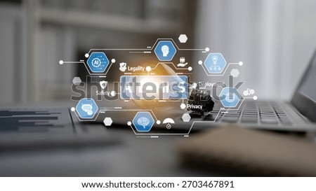 Visual representation of artificial intelligence ethics featuring icons for safety, privacy, legality, and deployment. Ideal for tech, business, or educational purposes. Tessel