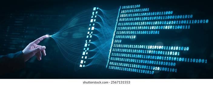 Visual representation of big data processing and binary code integration. Showcases AI, machine learning, and data flow concepts, emphasizing innovation in analytics and data-driven technology.