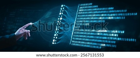 Visual representation of big data processing and binary code integration. Showcases AI, machine learning, and data flow concepts, emphasizing innovation in analytics and data-driven technology.