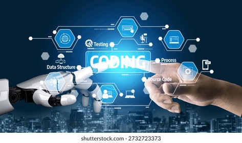 A visual representation of collaboration between human and robot in coding and software development, featuring digital graphics that illustrate key programming elements and processes. Tessel