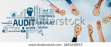 A visual representation of a collaborative audit process featuring gears, emphasizing internal controls, compliance checklists, and the importance of thorough business assessment and review. Amity